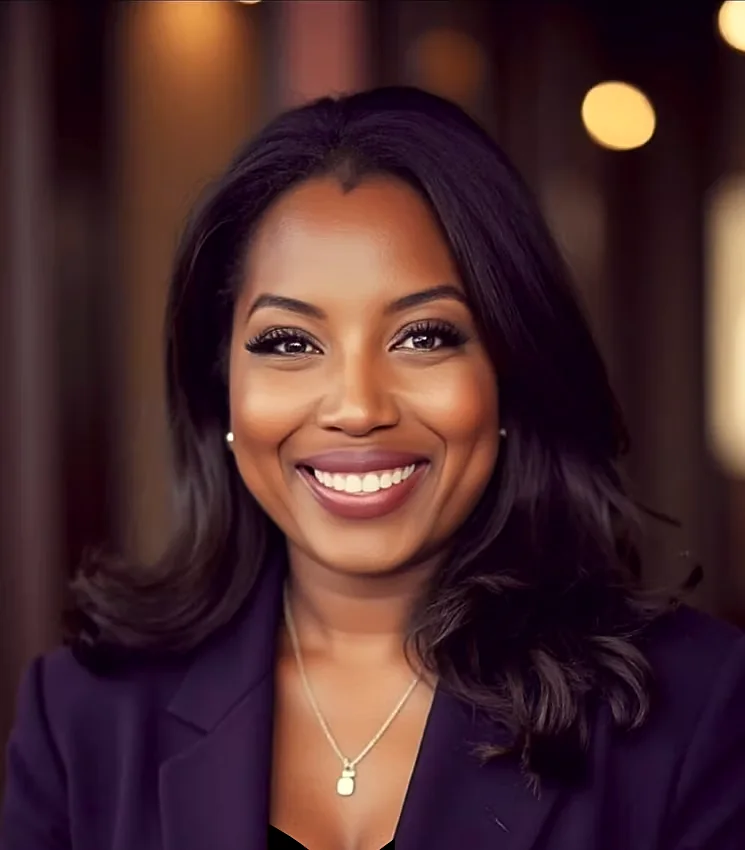Portrait of Ladi Goldwire, founder of Black Bridge Management, smiling in a dark purple blazer
