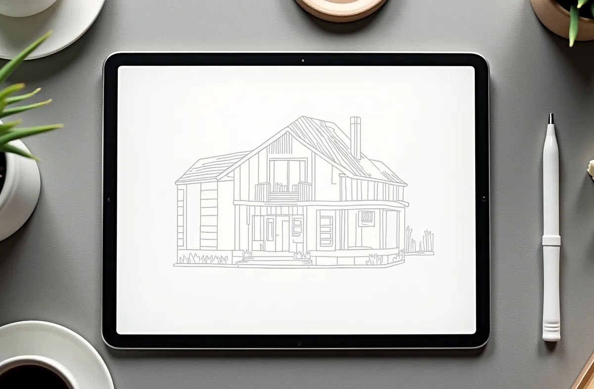 A tablet showing a line drawing of a two-story house, beside a stylus, coffee and plants on a desk