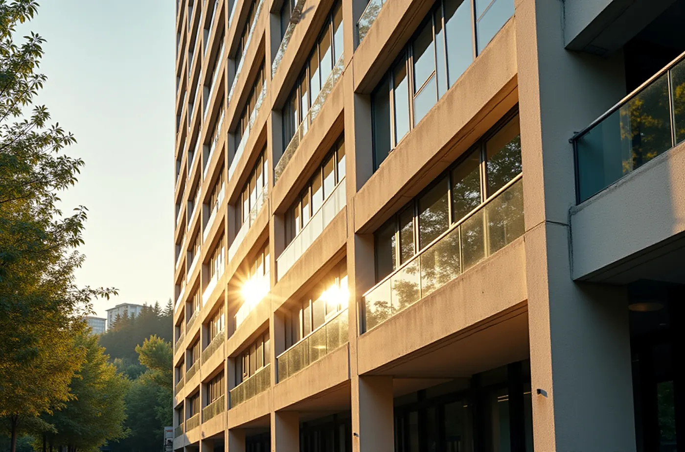 Sunlight reflecting off the windows of a multistory residential building lined with trees